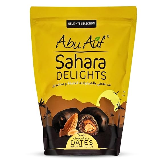 Abu Auf Sahara Delights Dark Chocolate Dates With Almonds Delicious Finest Natural Egypt Tamar Tamr Tamaar Ramadan Kosher Halal (1 Pack = 10.58 oz / 300 gm)