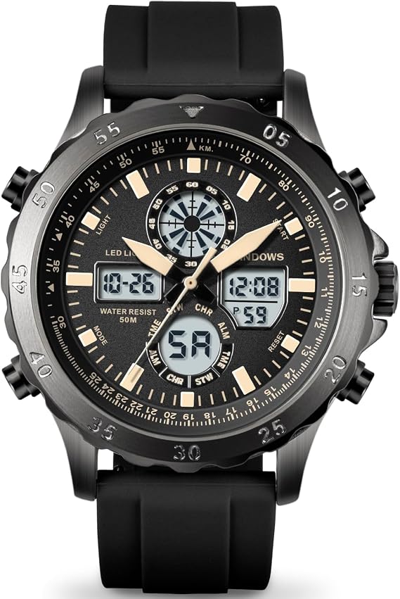 PINDOWS Herrenuhr Analog-Digital 50 m Wasserdicht Militär Armbanduhr