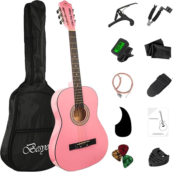 38in Beginner Acoustic Guitar Basic Starter Kit Tuner Bag Capo Strings Winders Strap Picks Student/Kids Guitar Pickguard with Gig Bag Pink