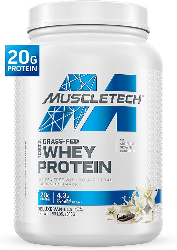 MuscleTech Grass-Fed Whey Protein Powder - Deluxe Vanilla, 1.8LB | Smoothie & Milkshake Mix Supports Muscle Gain & Recovery - 20g Protein - Non-GMO & Gluten-Free