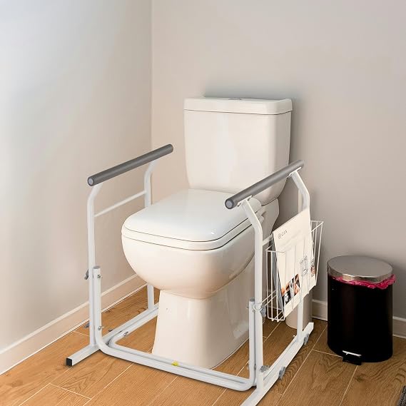 AW Toilet Safety Rails Frame Non-Adjustment, Elderly Assistance Products, Bathroom Commode Chair Handles Grab Bar 375lbs with Magazine Rack for Seniors Elderly Disabled Handicap