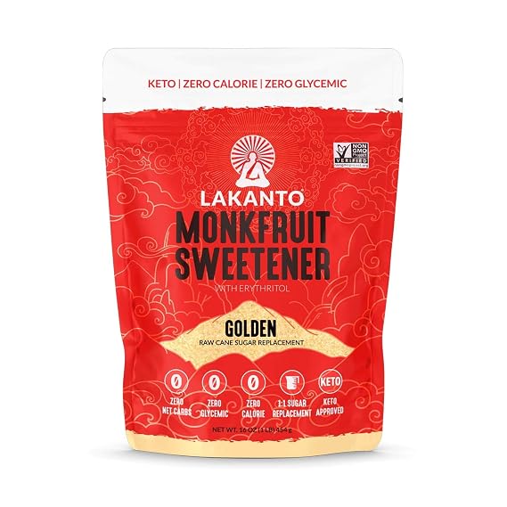 Monk Fruit Sugar Substitute Keto Friendly Non-Glycemic Zero Calorie Golden Sweetener in 16 Oz pack 1:1 Ratio for Sugar Substitute Tastes just like Sugar