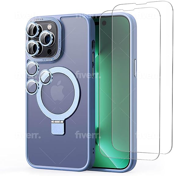 IP 14 PRO MAX Phone Case (Blue) Magnetic Ring Kickstand 2 Pack Screen Protector Tempered Glass 9H Hardness Scratch Resistant Camera Lens Protector