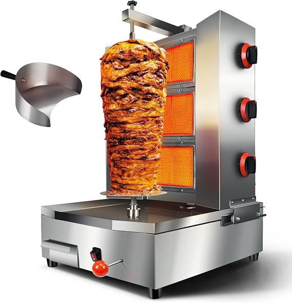 Shawarma Grill Machine Gas Barbecue Automatic Rotisserie Vertical Broiler 3 Independent Burners with Meat Catcher Pan