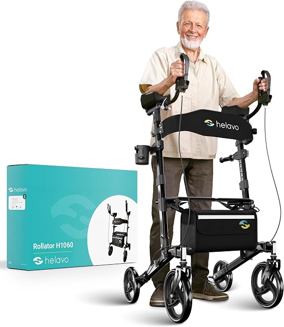 Helavo Upright Walker with Seat, Foldable Stand Up Walker for Seniors