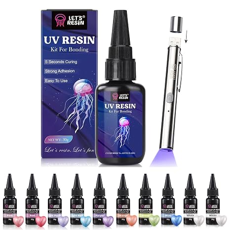 Bundle UV Resin Kit with Light for Bonding and 10 Colors Pearlescent UV Resin