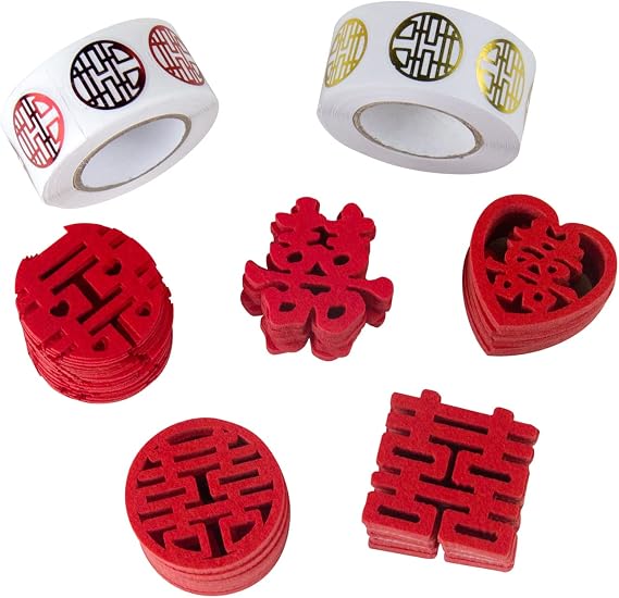 150 Pcs Mini Double Happiness Confetti, 2 Rolls Wedding Favor Sealing Labels Stickers, Chinese Traditional Wedding Decoration Supplies for New House Candy Fruit Plate Layout