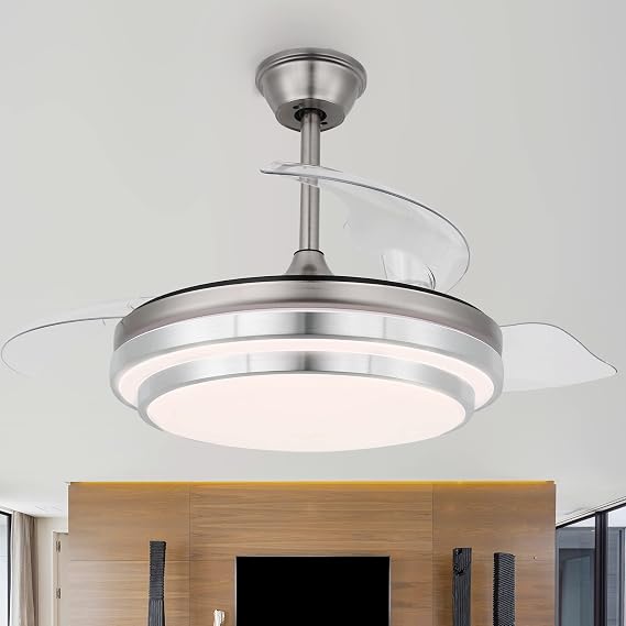 42" Retractable Ceiling Fan with Lights and Remote,Low Noise DC Motor,6 Speed,Modern Ceiling Fan in 3 Color Changeable for Dining Room Bedroom Living Room