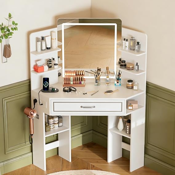 Corner Dressing Table with LED Mirror, 3 Colour Adjustable Vanity Table with Charging Station, Space-Saving Makeup Table Storage for Bedroom with Drawers,6 Open Shelves and Hair Dryer Holder, White