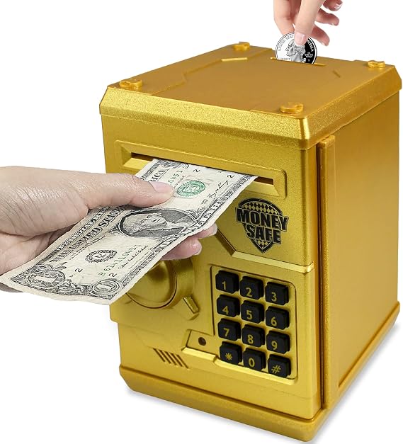 Mini ATM Piggy Bank ATM Machine Best Gift for Kids,Electronic Code Piggy Bank Money Counter Safe Box Coin Bank for Boys Girls Password Lock Case (Gold)