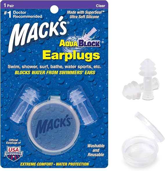 Mack's AquaBlock Swimming Earplugs - Comfortable, Waterproof, Reusable Silicone Ear Plugs for Swimming, Snorkeling, Showering, Surfing and Bathing (Clear)