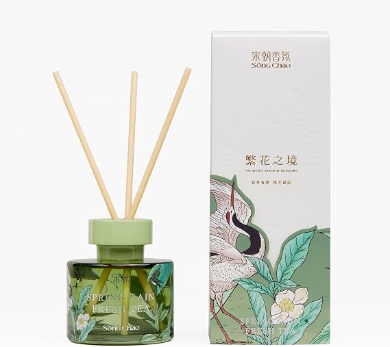 Song Chao Hand-Painted Gardenia Reed Diffuser Natural Essential Oil Scent with Greenery & Pear Accents Artistic Glass Bottle for Home Decor (SpringRain Clear Tea Fresh Tea)
