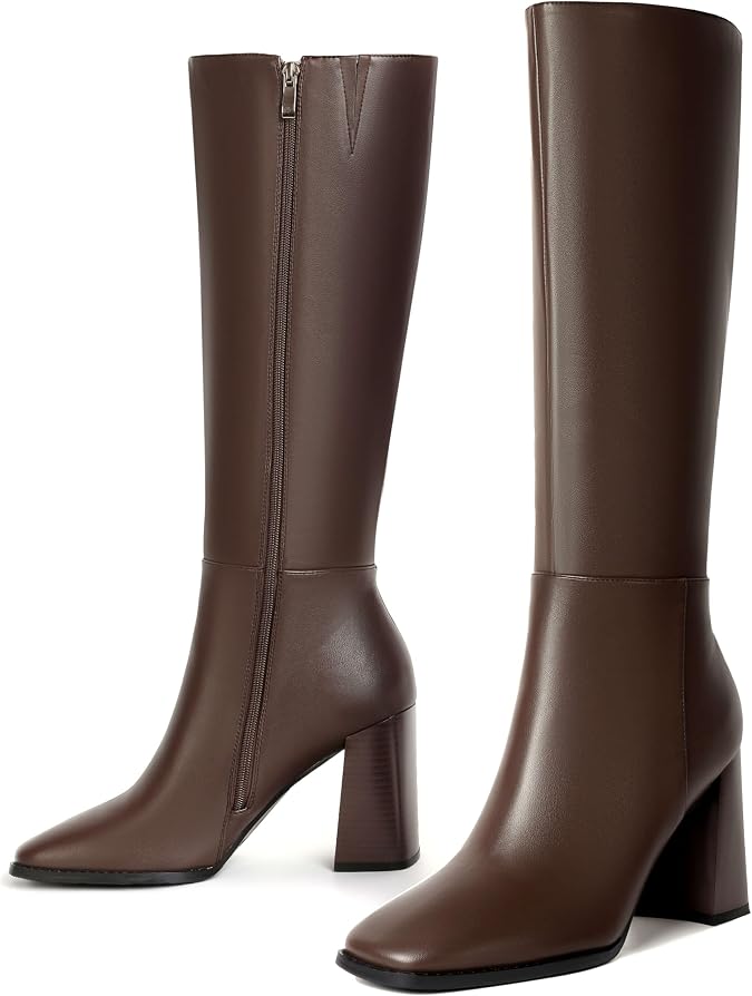 vivianly Knee High Boots Women Leather Square Toe Chunky Block Heel Tall Boots with Side Zipper Comfortable Fashion Long Dress Boots