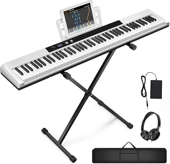 UISCOM 88 Key Semi-weighted Electronic Keyboard Piano,Full Size Digital Piano Portable Keyboard with Stand, Sustain Pedal, Power Supply,MIDI/USB/MP3 Function for Beginners at Home/Stage(White)