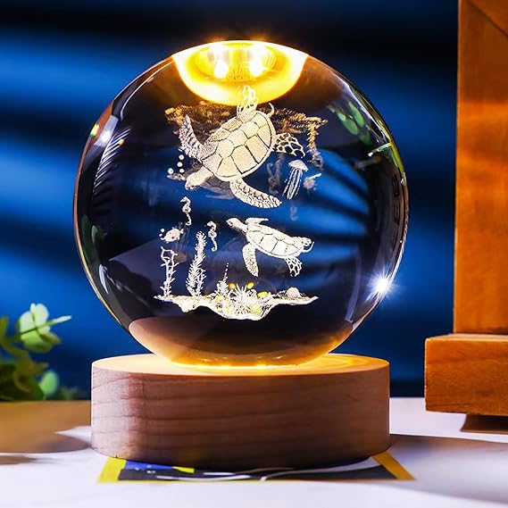 6cm 3D Turtles Crystal Ball Light-3 Color LED Animal Glass Ball Plug-in Night Light with Control LED Wooden Base,3D Engraved Crystal Ball Light Decor, Gift for Kids Friends & Family(Turtles) [Energy Class A+]