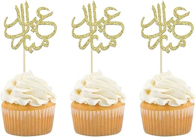 Confetti! 24Pcs Gold Glitter Eid Mubarak Cupcake Toppers Arabic Happy Eid Ramadan Kareem Cake Decorations Islamic Muslim Party Supplies Decorations