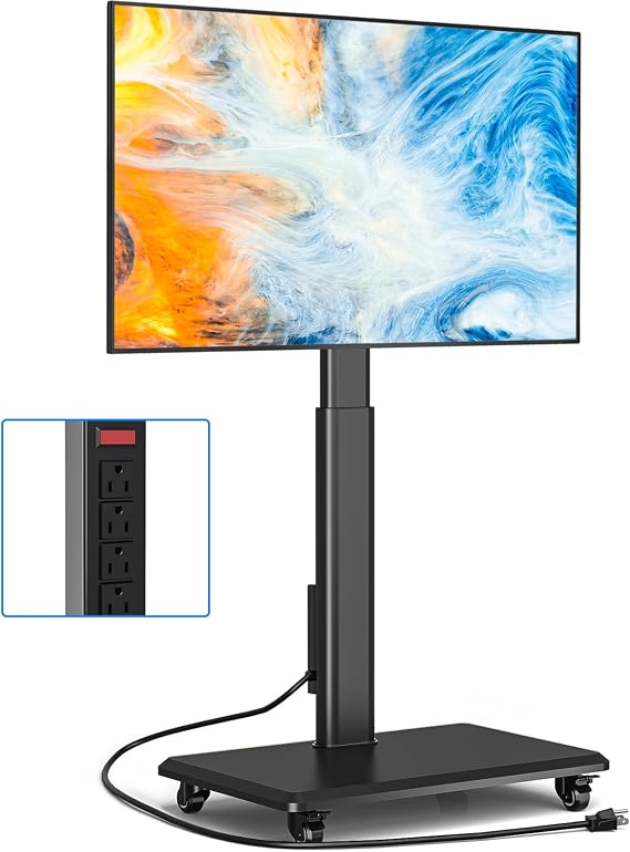 Rfiver Sleek Rolling TV Stand with Power Outlet for Home Decor, Height Adjustable Portable TV Stand on Wheels for 32-70 Inch TVs, Strong Tall Mobile TV Cart with Mount Up to 88 lbs, Black