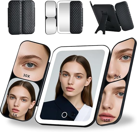 Tri-fold Vanity Mirror with Light,Rechargeable Travel Makeup Mirror with 5X/10X/20X/30X Magnifying Mirror,Touch Screen Dimming Light Up Vanity Mirrors for Travel Home,Black