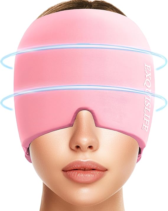 EXQUISLIFE Migraine Ice Head Wrap Cap Headache Relief Hat Hot and Cold Therapy Eyes Mask for Sinus Tension and Stress Relief (Pink)