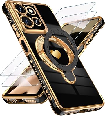 for Motorola Moto G 2026 Love Heart Kickstand Phone Case with Screen Protector: Luxury Plated Gold Edge Slim Soft TPU Full Camera Shockproof Protection Cover for Moto G Play 2026 Black
