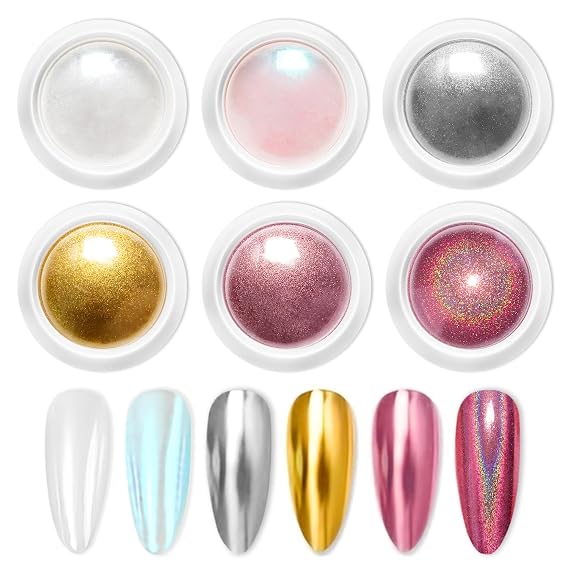Chrome Nail Powder 6 Pcs, Metallic Mirror Effect Gold Silver Rose Gold, Aurora White Green Pearl Chrome Nail powder, Holographic Pink Nail Powderr for Nail Art Design Home DIY