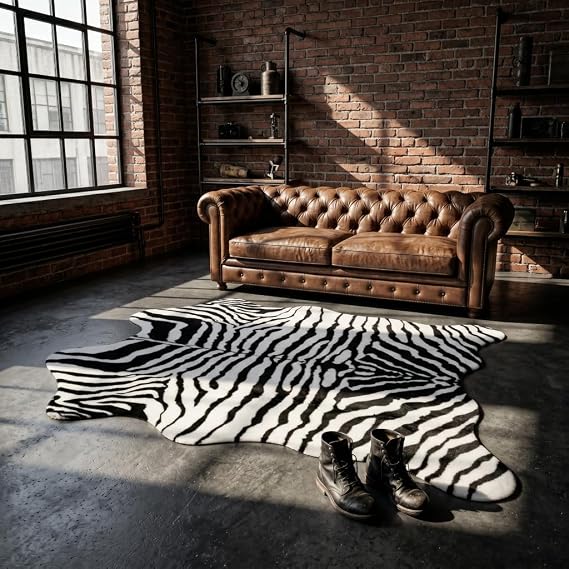 MustMat Faux Zebra Print Area Rug, Industrial Style Decor 4'7'' 5'3''