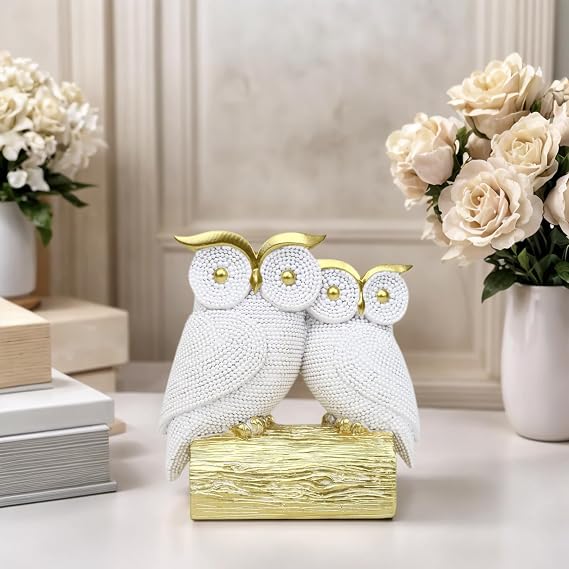 White Owl Couple Statue on Gold Stump, Resin Owl Figurine, Modern Home Decor for Shelf, Mantel, Tabletop & Office Accent 5.91