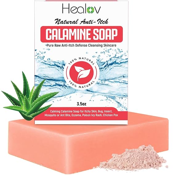 Healov Calamine Soap Bar All Natural Instant Itch Relief Calming Calamine Soap for Itchy Skin, Insect Bite, Eczema, Poison Ivy Rash, Chicken Pox Pure Anti-Itch Body Wash Cleanser