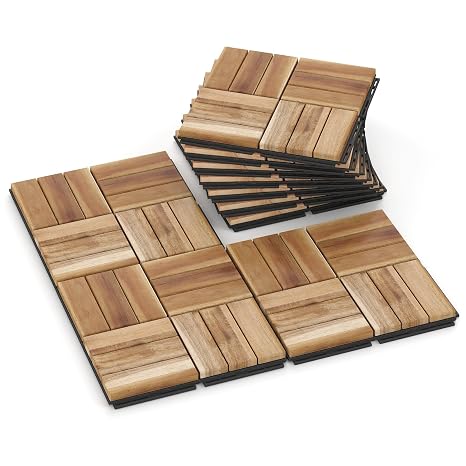 Rovibek 10PCS Deck Tiles, 12" x 12" Interlocking Deck Tiles Outdoor Waterproof, Acacia Wood Outdoor Deck Tiles All Weather for Balcony Poolside Backyard Outdoor Patio Flooring, Checker Yellow