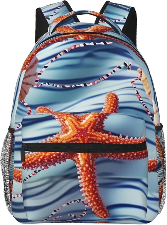 Casual Backpack for Women Men Starfish on Blue Background Lightweight Daypack Laptop Bag for Travel Hiking