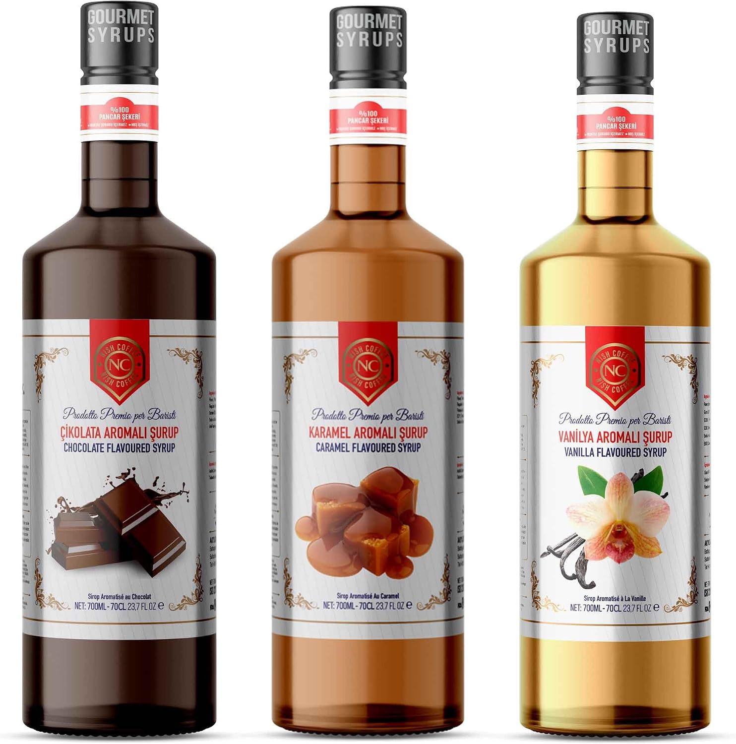 Nish Chocolate, Caramel, Vanilla Flavored Syrup Set of 3 3x700 ml