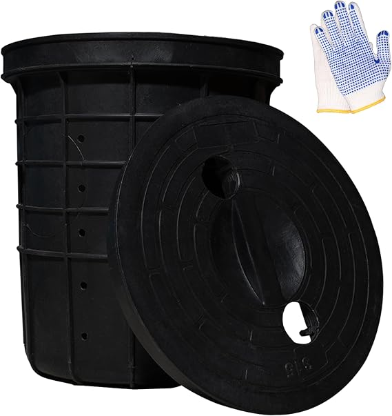 Perforated Sump Basin with Cover, Perforated Sump Pump Bucket with Drilled Holes for Crawl Spaces, Yards, Patios, Driveways and basements (18.5 x 16.9 x 15.7 Inch)