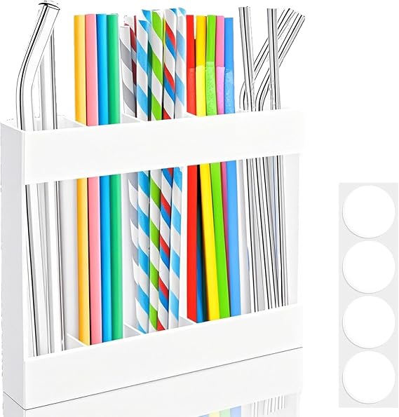 Acrylic Straw Holder with Double-Sided Adhesive Tape - Reusable Tumbler Straw Organizer and Storage Container for Kitchen Counter, Cabinet, and Cupboard