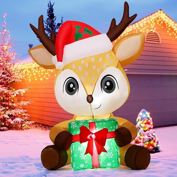 GOOSH 5 FT Christmas Inflatables Reindeer Outdoor Decorations Blow Up Yard Cute Deer Holding a Box with Built-in LEDs for Garden Lawn Indoor Party Decor