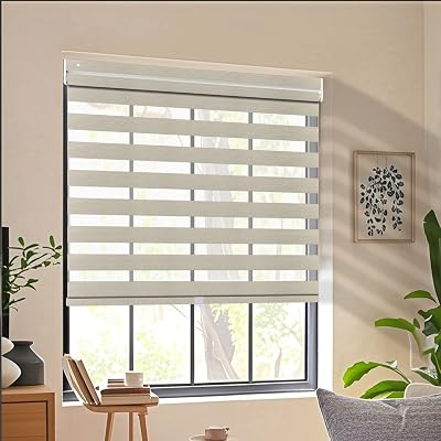Cordless Zebra Blinds No Drill No Tools Dual Layer Fabric Roller Shades for Window Custom Size Blackout Privacy Window Blinds and Shades for Room Darkness, 95% Darkness Beige, 35 W x 52 H