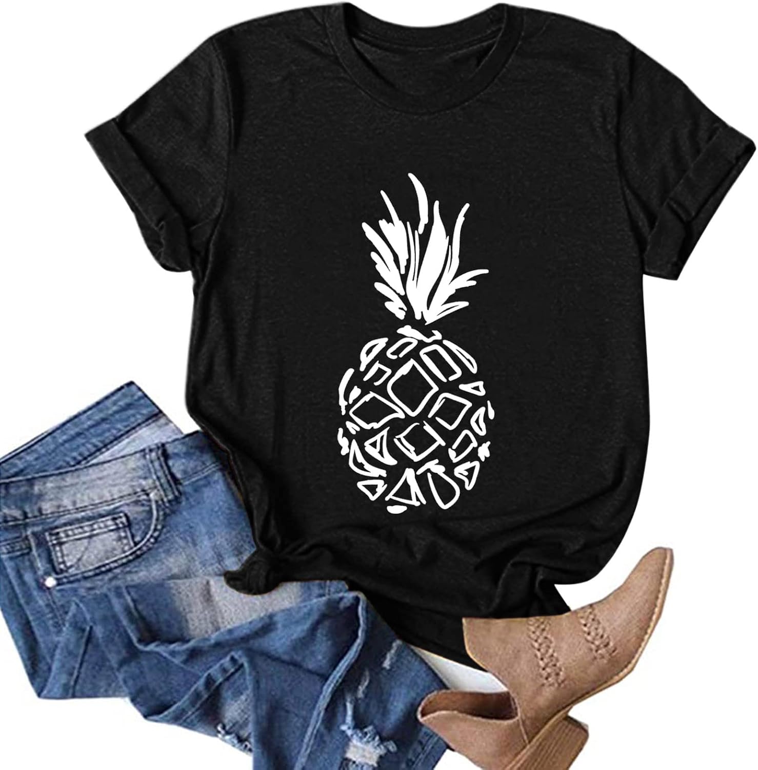 Women Funny Pineapple Graphic Tee Tops Short Sleeve Round Neck Top Blouses Casual Summer Loose Fit Tunic Tops