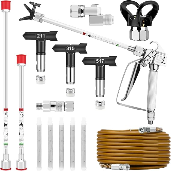 15Pcs Airless Spray Gun Kit, 3600PSI Airless Paint Sprayer Gun with 25FT High Pressure Hose & 3 Spray Tips & 2 Tip Extension Wand & 5 Filters & Tip Guard & Spray Gun Swivel Joint & Hose Swivel Joint