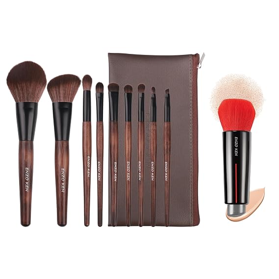 ENZO KEN Bamboo Makeup Brushes Set Professional, Sable Makeup Brush Set with Case + Angled Concealer Brush Under Eye, Concealer Brush & Kabuki Foundation Brush