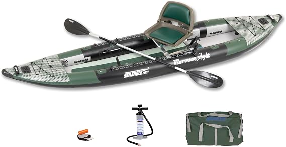 385FTA Fasttrack Angler 12-Person Inflatable Hunter Green Fishing Kayak-External Rigid Inflatable Keel, Rugged Hull Material, Non-Slip Padded Floor, Stitch Floor w/Seat(s), Paddle(s), Pump & Bag