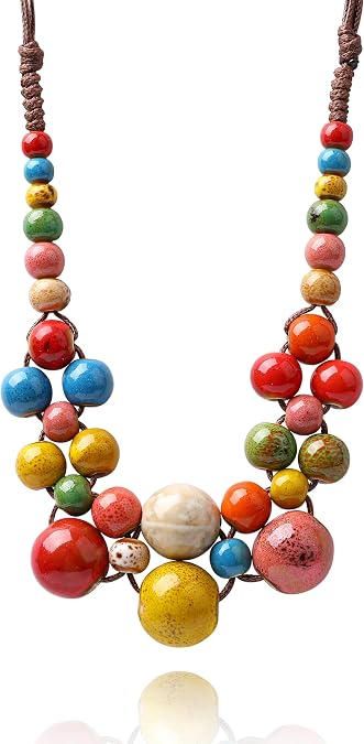 Magitaco Chunky Boho Statement Necklace for Women - Handmade Colorful Ceramic Beaded Hippie Jewelry, Adjustable Long Bohemian Necklaces for Casual Wear