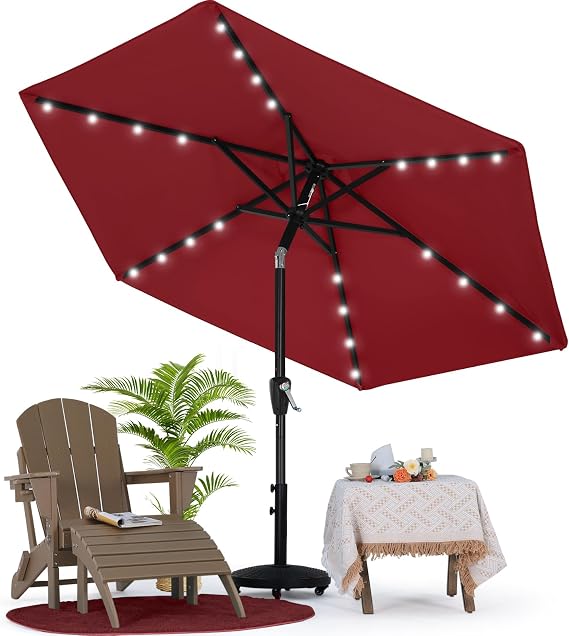 MASTERCANOPY 7.5ft Patio Umbrella with Solar Lights, Burgundy | 6 Ribs, 24 Solar LED Lights, Tilt & Crank, UV/Water-Resistant, Easy Setup Ideal for Garden, Deck, Pool
