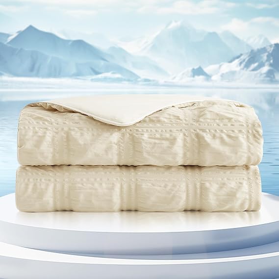 Cozy Bliss Cooling Comforter Seersucker Plaid Twin Size, Q-Max 0.45 Lightweight Cooling Blanket, Breathable Silk Smooth Summer Bedding Quilt for Hot Sleepers Night Sweats Khaki