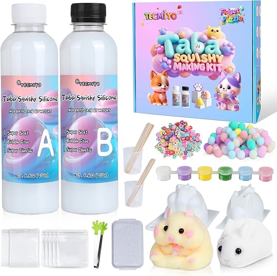 TECMIYO Taba Squishy Making Kit with 18 oz AB Liquid Silicone for Beginner | DIY Squishy Maker with Hamster & Rabbit Silicone Molds for Super Soft Squishies - Arts & Crafts Kit for Birthday Crafts Gifts