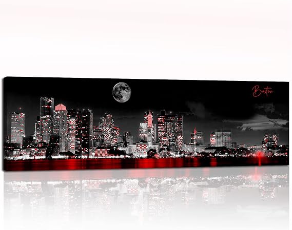 sunfrower Boston Skyline Wall Art-Canvas Wall Art-Black and White Modern Panoramic Cityscape Pictures Paintings for Bedroom Office Decor, Ready to Hang 14"x48"