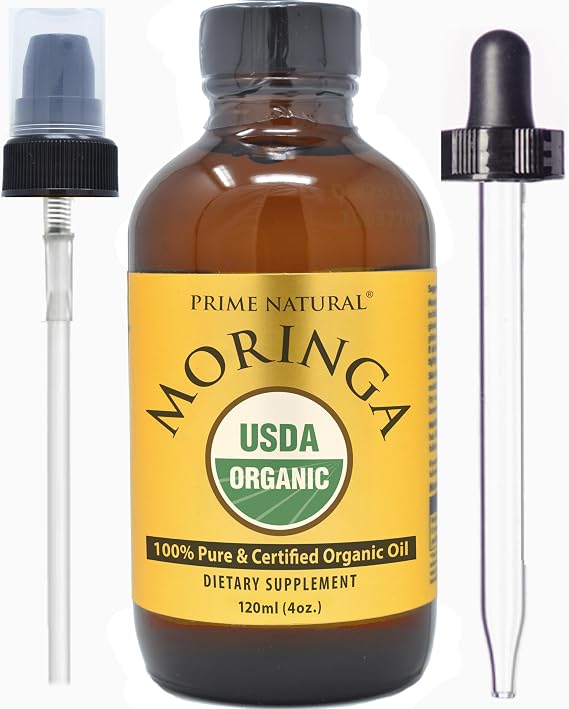 PRIME NATURAL Organic Moringa Oil, Pure,Cold Pressed, USDA Certified - 4oz