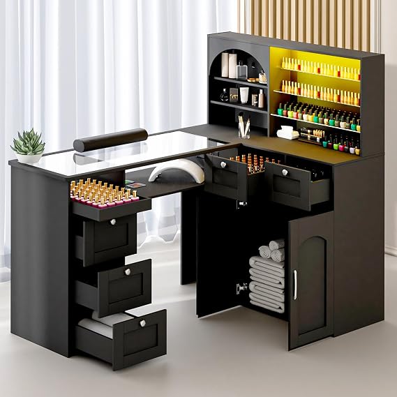 Manicure Table Nail Tech Desk w/LED Display Shelf, L-Shaped Glass Top Nail Station w/USB Ports, Cabinet, Drawer, Wrist Rest, for Professional Salon Manicure Workstation (Black)