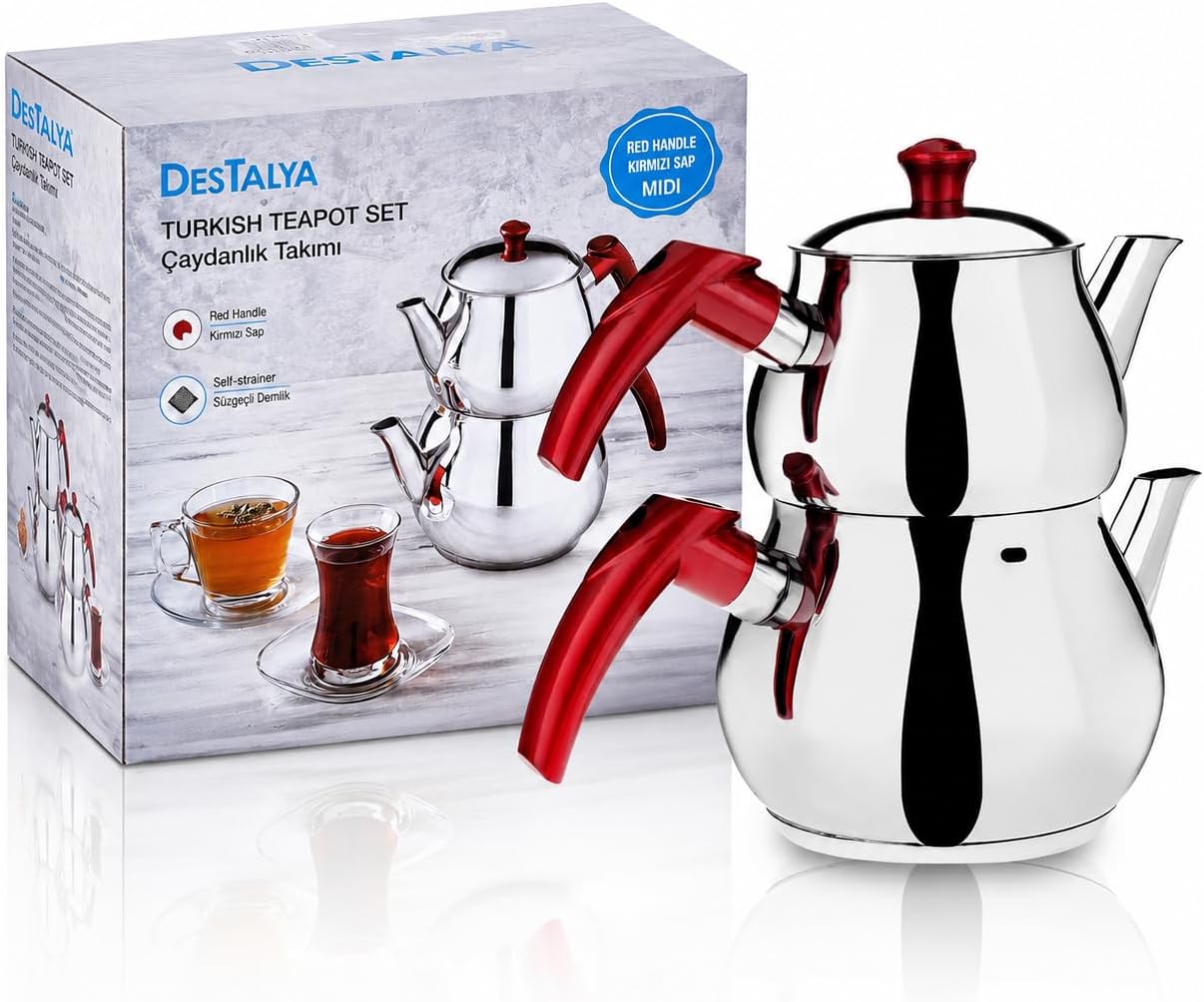 DESTALYA Turkish Teapot Set Stainless Steel Double Teapot for Stovetop Tea Maker with Strainer Samover Style Tea Kettle Water Heater Warmer with Mini Red Handle