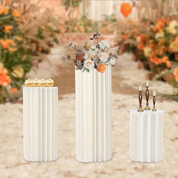 Ringmaster Wedding Centerpieces Cardboard Vases, 3Pcs Foldable Cardboard Flower Vase Flowers Stand, Milky-White Cylinder Pedestal Display Stand Tables Decorations for Anniversary, Birthday, Wedding