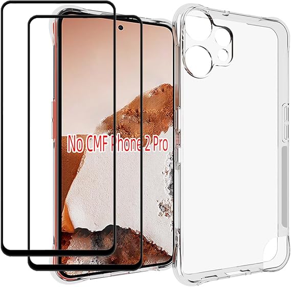 for Nothing CMF Phone 2 Pro 5G Case with Screen Protector (2 Pieces) Slim Shock Absorption TPU Soft Edge Bumper with Reinforced Corners Transparent Protective Cover