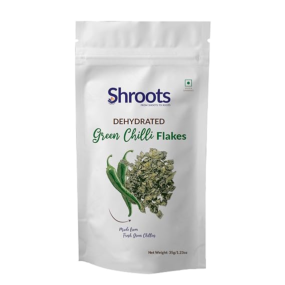 SHROOTS Dehydrated Green Chilli Flakes Air Dried Dehydrated Vegetable, Gluten Free, Pure Veg, No Added Salt, Easy Cooking for Soup, Salad & Everyday Meals Camping & Emergency Food (35g / 1.23 oz, Pack of 1)